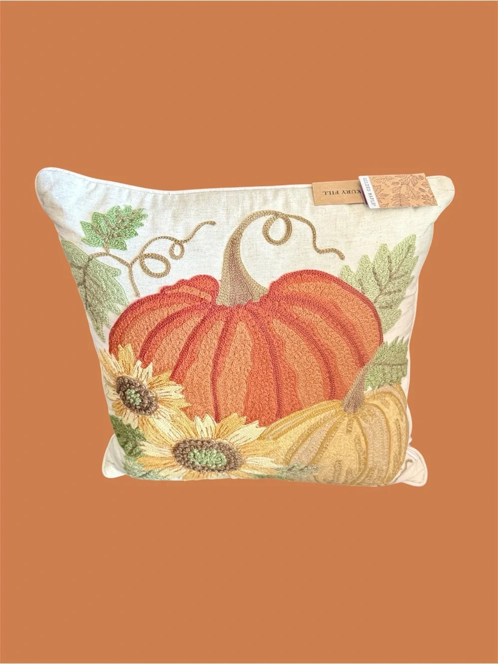 Autumn Harvest Pumpkins Sunflowers Embroidered Throw Pillow 18x18 Orange Gold